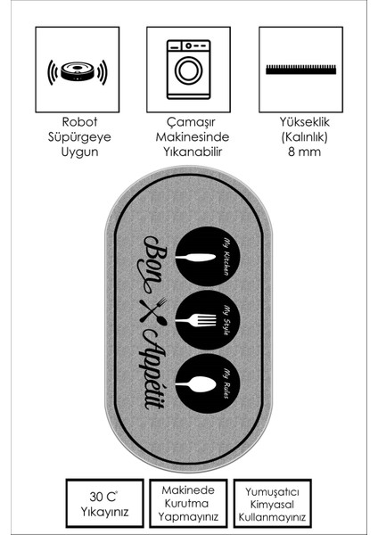 Dijital Baskı Makinede Yıkanabilir Kaymaz Taban Leke Tutmaz Gri Oval Mutfak Halısı  ve Mutfak Yolluk