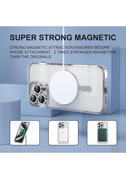 Apple iPhone 15 Pro Max Kılıf Magsafe Temassız Şarj Destekli Renkli Şeffaf + Blue Nano Ekran Koruyucu Set