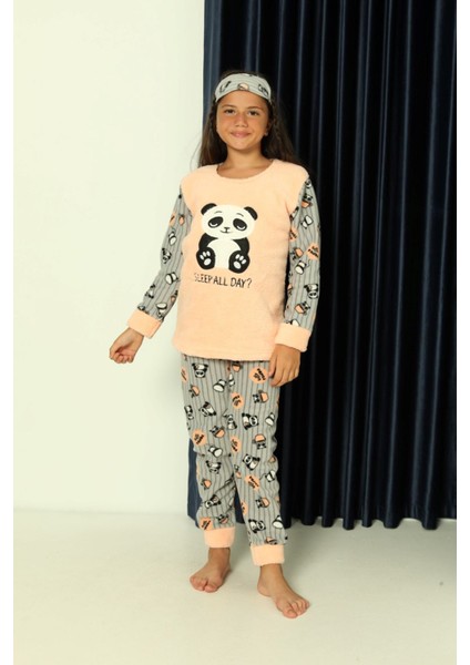 Çocuk Panda Desenli Kışlık Welsoft Polar Pijama Takımı 7E-8376