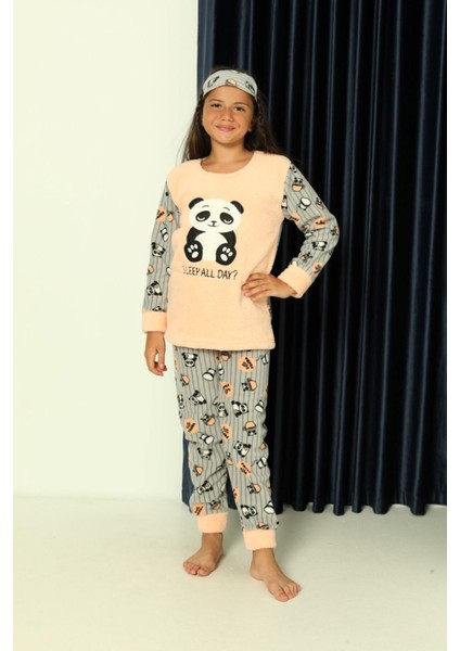 Çocuk Panda Desenli Kışlık Welsoft Polar Pijama Takımı 7E-8376