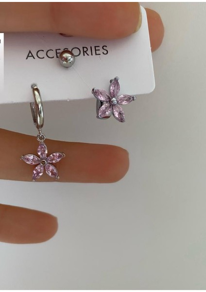 Ares Collection Pembe Zirkon Taşlı Çiçek Motifli 3 Lü A Kalitee Rodyum Kaplama Küpe Seti