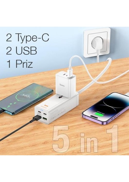 Hc Seri Multifonksiyonel 65W Masaüstü Şarj Başlık Stand 2xusb 2*type-C ve Priz Akım Korumalı Şarj Başlığı