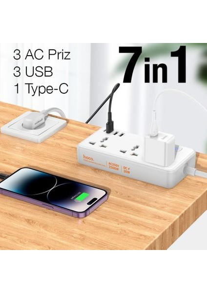 Hc Seri Multifonksiyonel 2500W Priz Çoğaltıcı Şarj Aleti 3 USB 30W Type-C Girişli Şarj Stand