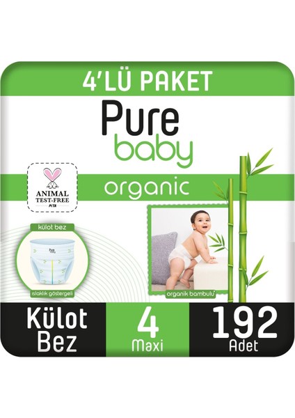 Organik Bambu Özlü Külot Bez 4'lü Paket 4 Numara Maxi 192 Adet