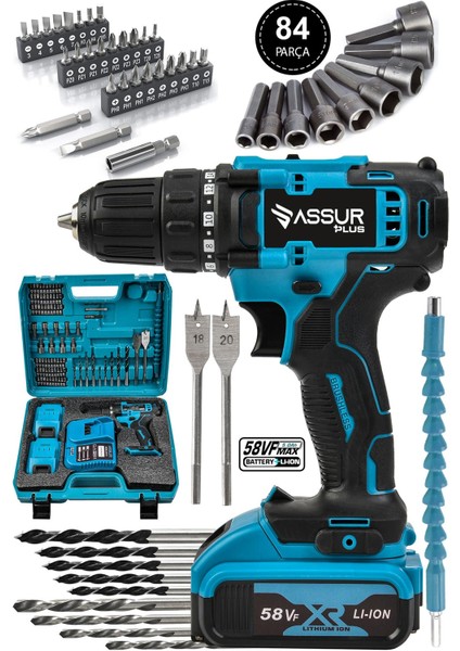 Assur Plus 12v 1.5Ah Metal Şanzıman Çift Akülü 84 Parça Şarjlı Matkap Akülü Vidalama