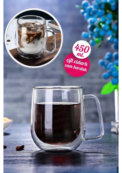 Tilbe Home Çift Cidarlı Kupa Bardak 450 ml Ev Ofis Espresso Kahve Çay Fincanı Borosilikat Kulplu Cam Bardak