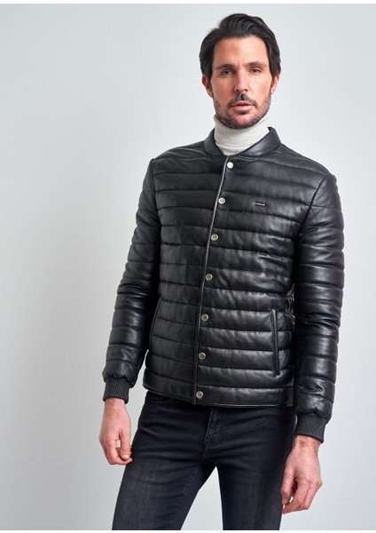 Pierre Cardin Erkek Siyah Biker Deri Mont