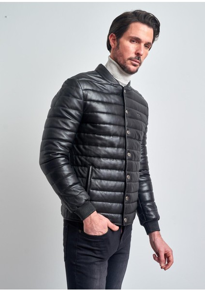 Pierre Cardin Erkek Siyah Biker Deri Mont