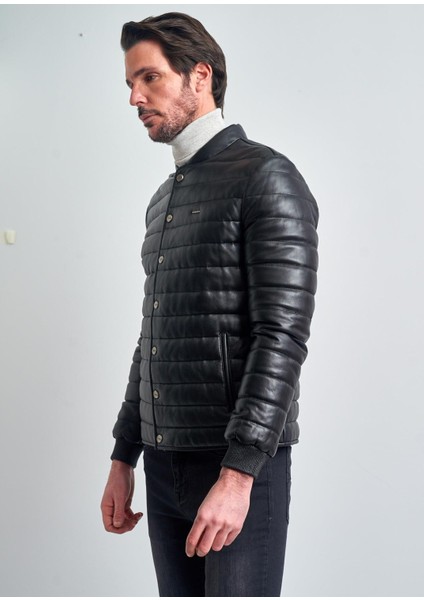 Pierre Cardin Erkek Siyah Biker Deri Mont