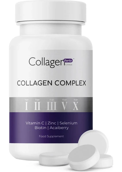 Collagen Forte Platinum Collagen Complex Tip 1,2,3,5 ve Tip 10 Kolajen, Biotin, Çinko, Selenyum, Vitamin C & Açai, 90 Tablet