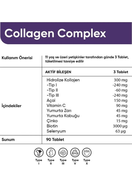 Collagen Forte Platinum Collagen Complex Tip 1,2,3,5 ve Tip 10 Kolajen, Biotin, Çinko, Selenyum, Vitamin C & Açai, 90 Tablet