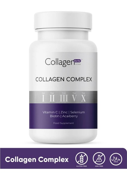 Collagen Forte Platinum Collagen Complex Tip 1,2,3,5 ve Tip 10 Kolajen, Biotin, Çinko, Selenyum, Vitamin C & Açai, 90 Tablet