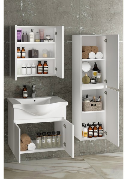 Yıldız 55+35 cm Beyaz Mdf Seramik Lavabolu Asma Banyo Dolabı Takımı modelleri