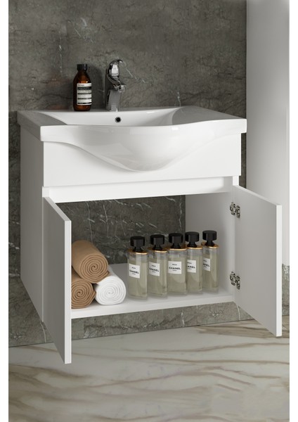 Yıldız 55+35 cm Beyaz Mdf Seramik Lavabolu Asma Banyo Dolabı Takımı fırsatları