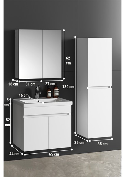 Çamaşır Sepetli Boy Dolaplı Aynalı Banyo Dolabı Takımı 65+35 cm Seramik Lavabolu Komple Mdf