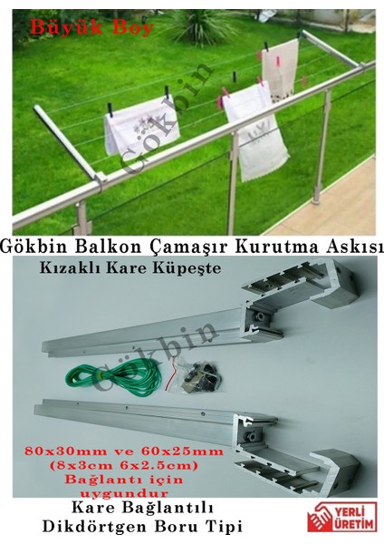 Kare Küpeşte Çamaşırlık Alüminyum Balkon Korkuluk Çamaşır Kurutmalık Askısı Kızaklı 80x30mm ve 60x25mm uyumlu trend ürün