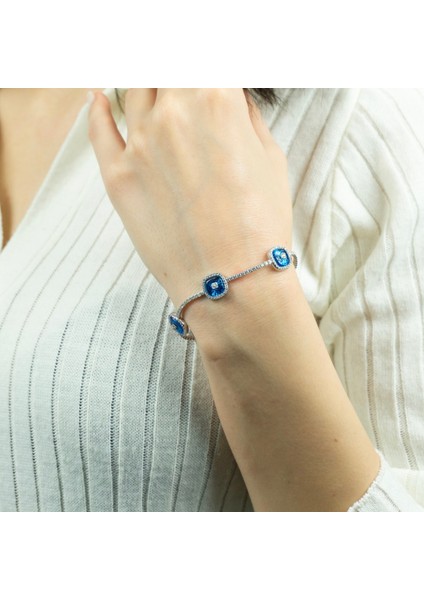 Küçük Boy Üçlü Kare Camgöz Rhodium Kaplama Kadın Gümüş Su Yolu Bileklik fırsatları