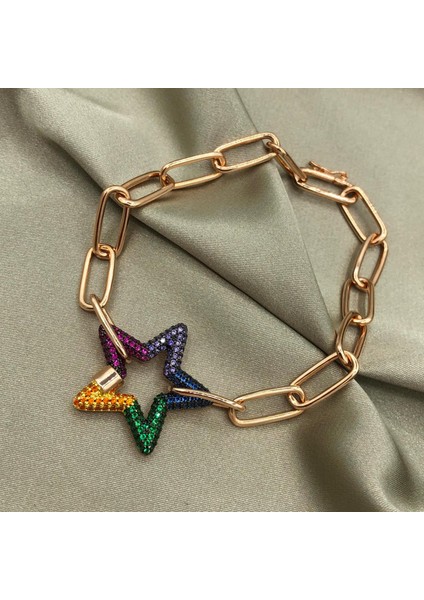 Renkli Taşlı Yıldız Ataç Zincir Rose Gold Renk Apm Monaco Kadın Gümüş Bileklik