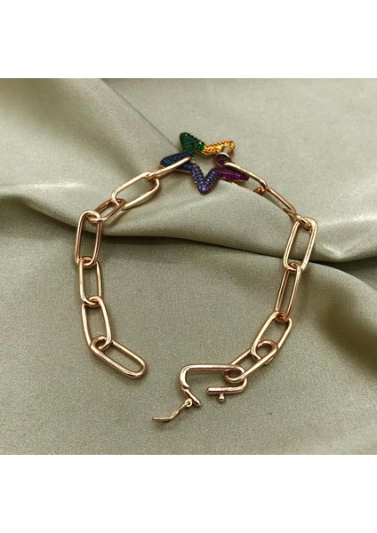 Renkli Taşlı Yıldız Ataç Zincir Rose Gold Renk Apm Monaco Kadın Gümüş Bileklik fiyatları