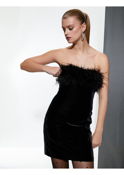 Straplez Mini Kadife Elbise Tüy Detaylı fiyatları