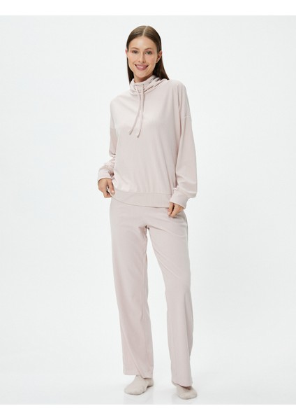 Boğazlı Bağlamalı Pijama Üst Kaşkorse Yumuşak Dokulu Uzun Kollu modelleri