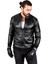 Erkek Siyah Slim Fit Suni Deri Ceket Dar Kesim Önü Fermuarlı Deri Mont 1820094 2