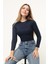 Kadın Lacivert Fitilli Balıkçı Yaka Uzun Kollu Crop Örme Bluz Body TRP23K-BDY231023 1