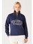 Relaxed Fit Geniş Kesim Dik Yaka Yarım Fermuarlı İçi Polarlı İndigo Sweatshirt 2