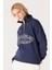 Relaxed Fit Geniş Kesim Dik Yaka Yarım Fermuarlı İçi Polarlı İndigo Sweatshirt 3
