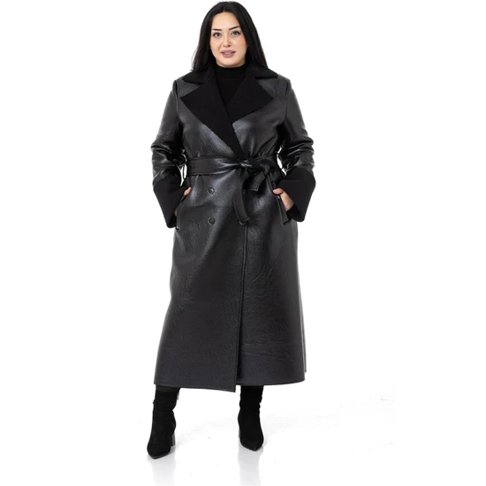 Disentis Modest Büyük Beden Kol Ağzı ve Içi Kürklü Uzun Deri Siyah Palto