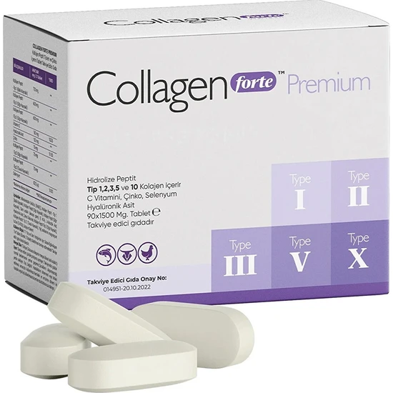 Collagen Forte Platinum Tip 1,2,3,5 ve Tip 10 Kolajen, Hyalüronik Asit, Çinko, Selenyum & Vitamin C, 90 Tablet