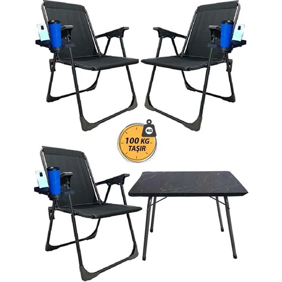 KampSeti 3 Adet Katlanır Kamp Sandalye ve Masa Seti-Taşınabilir Piknik Bahçe Sandalyesi-Masası