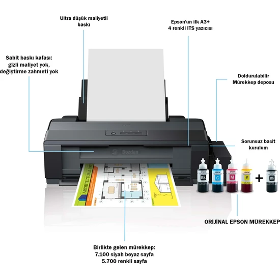 Epson L1300 ITS Renkli A3+ Mürekkep Tanklı Yazıcı Orijinal Epson Mürekkep 4 x 70 ml + 1 Ekstra Siyah Mürekkep  C11CD81403