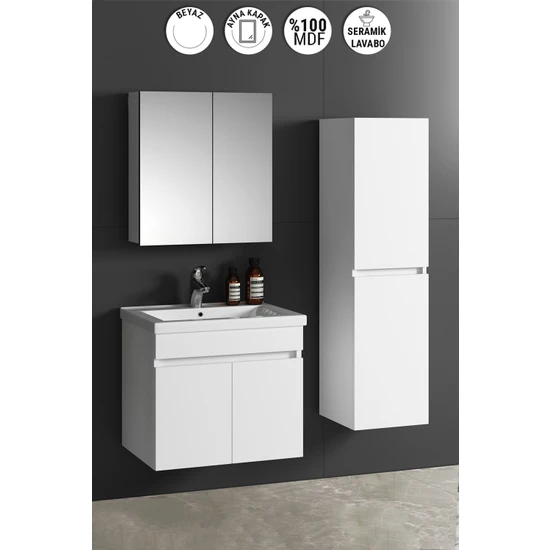 Özceden Çiğdem 55+35 cm Beyaz Mdf Seramik Lavabolu Asma Banyo Dolabı Takımı