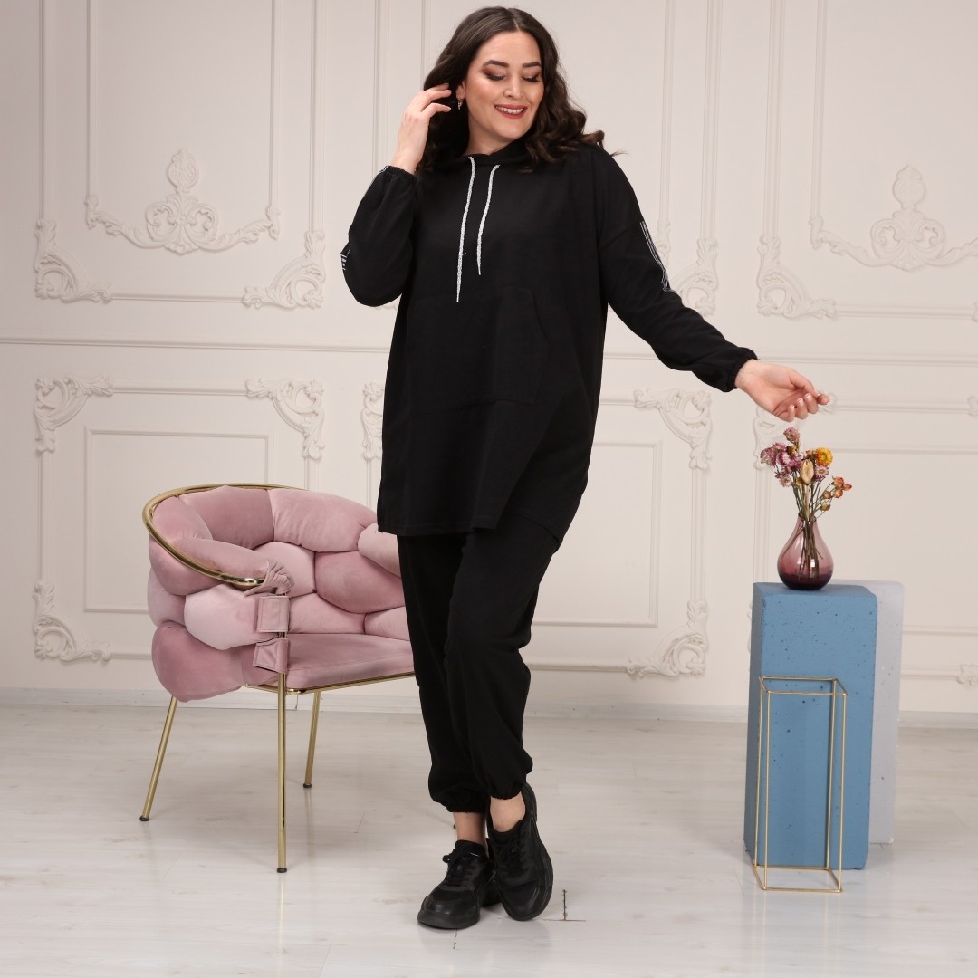Cng Moda Kadın Büyük Beden Oversize Model Eşofman Takımı Lastikli Paça Pamuklu Kumaş görsel 4