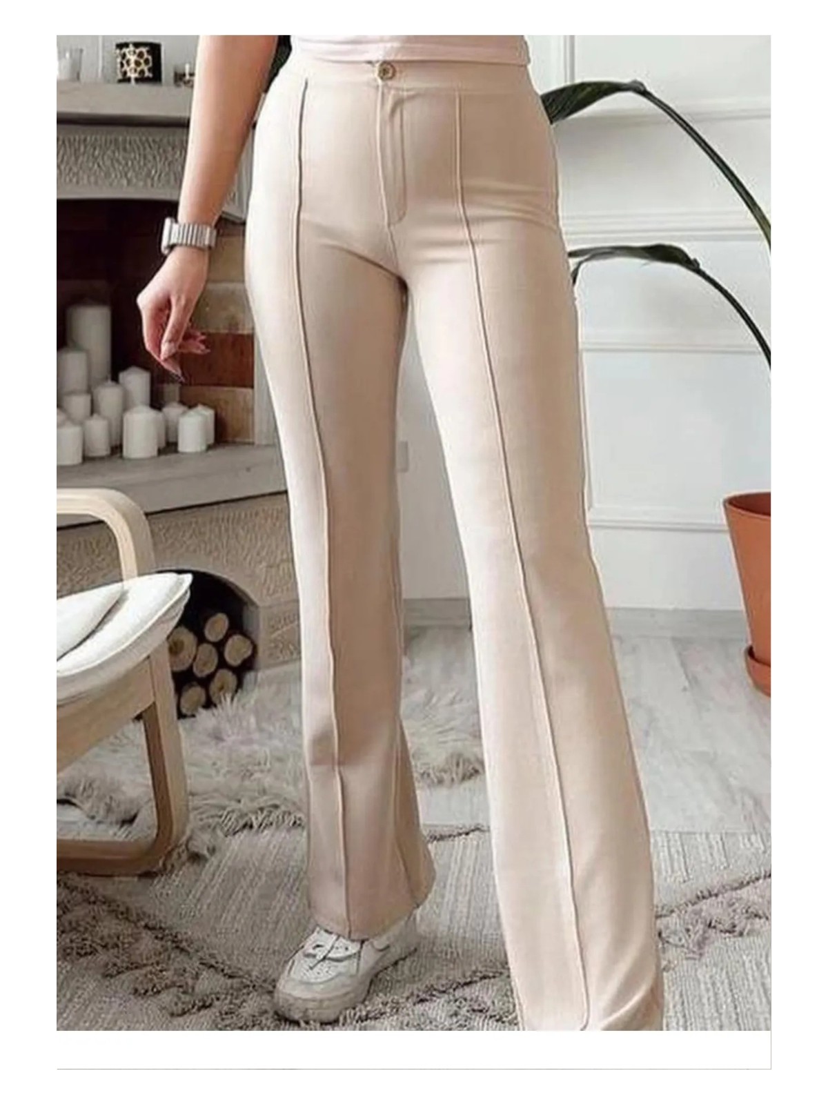 Swana Kadın Krep Kumaş Likralı Önü Çimalı Ispanyol Paça Palazzo Pantalon - Görsel 4