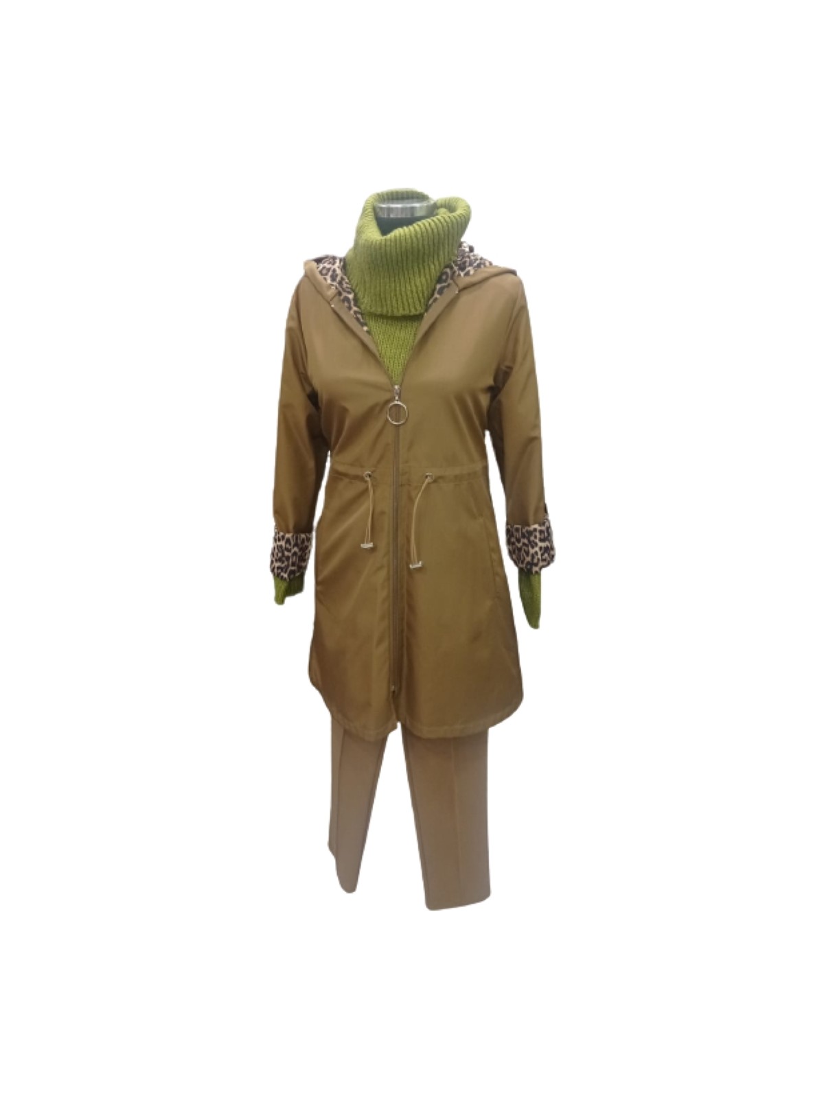 Zy Plus Taba Kolları Katlamalı Kapüşonlu Leopar Desenli Astarlı Trençkot