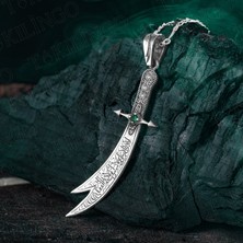 Takılingo 925 Ayar Gümüş Yeşil Zirkon Taşlı Zülfikar Kılıç Işlemeli Figora Zincirli Erkek Kolye
