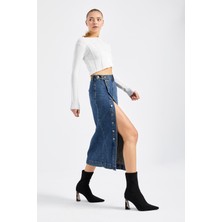 Its Basic Kadın Tint Kot Rengi Önü Düğmeli Maxi Boy Denim Etek