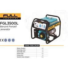 FULL FGL 3500L Benzinli Jeneratör 3,5kVA