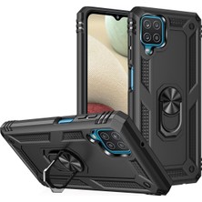 Andeka Samsung Galaxy M32 Uyumlu Kılıf Kamera Korumalı Yüzüklü Armor Military Tank Sofya Kapak - Siyah