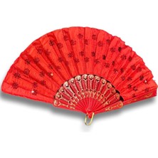 Artı Bir Bodrum Gelin Yelpaze Kırmızı Allı Pullu Tasarım Zarif Aksesuar