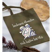 Bk Gift Ruh Halim Bir Ölü Tasarımlı-1 Haki Kumaş Bez Çanta Baskılı Omuz Çantası