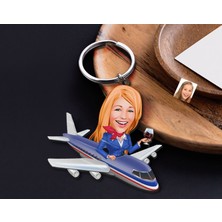 Bk Gift Kişiye Özel Hostes Karikatürlü Ahşap Anahtarlık-1 Sevgiliye Hediye, Arkadaşa Hediye, Doğum Günü Hediyesi