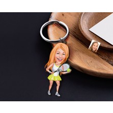 Bk Gift Kişiye Özel Tenis Oyuncusu Karikatürlü Ahşap Anahtarlık-2 Sevgiliye Hediye, Arkadaşa Hediye, Doğum Günü Hediyesi