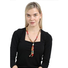 Nipora El Yapımı Etnik Ahşap Kombinli Kırmızı Renk Geçişli Deniz Kabuğu Detaylı Otantik Kolye