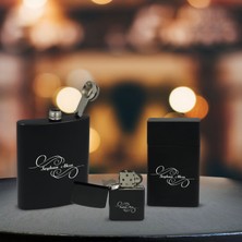 BK Gift Kişiye Özel Isimli Siyah Çelik Matara Sigara Kutusu ve Benzinli Çakmak