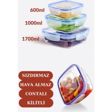 Flosoft Sızdırmaz Hava Almaz Contalı Kilitli Kare Saklama Kabı 3’lü Set (600ML,1000ML,1700ML)