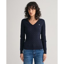 Gant Kadın Lacivert Slim Fit V Yaka Logolu Kazak 4800101.433