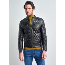 Pierre Cardin Erkek Siyah Hakim Yaka Motorcu Deri Ceket